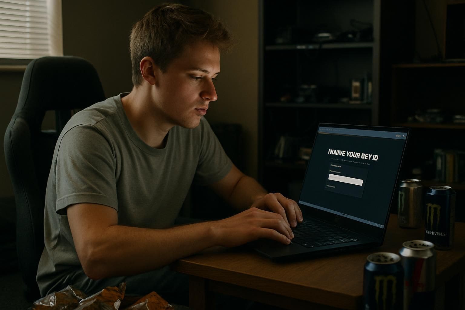 A young person sits at a cluttered desk, focused on updating their Riot ID amidst gaming-related items. A young person sits at a cluttered desk, focused on updating their Riot ID amidst gaming-related items.