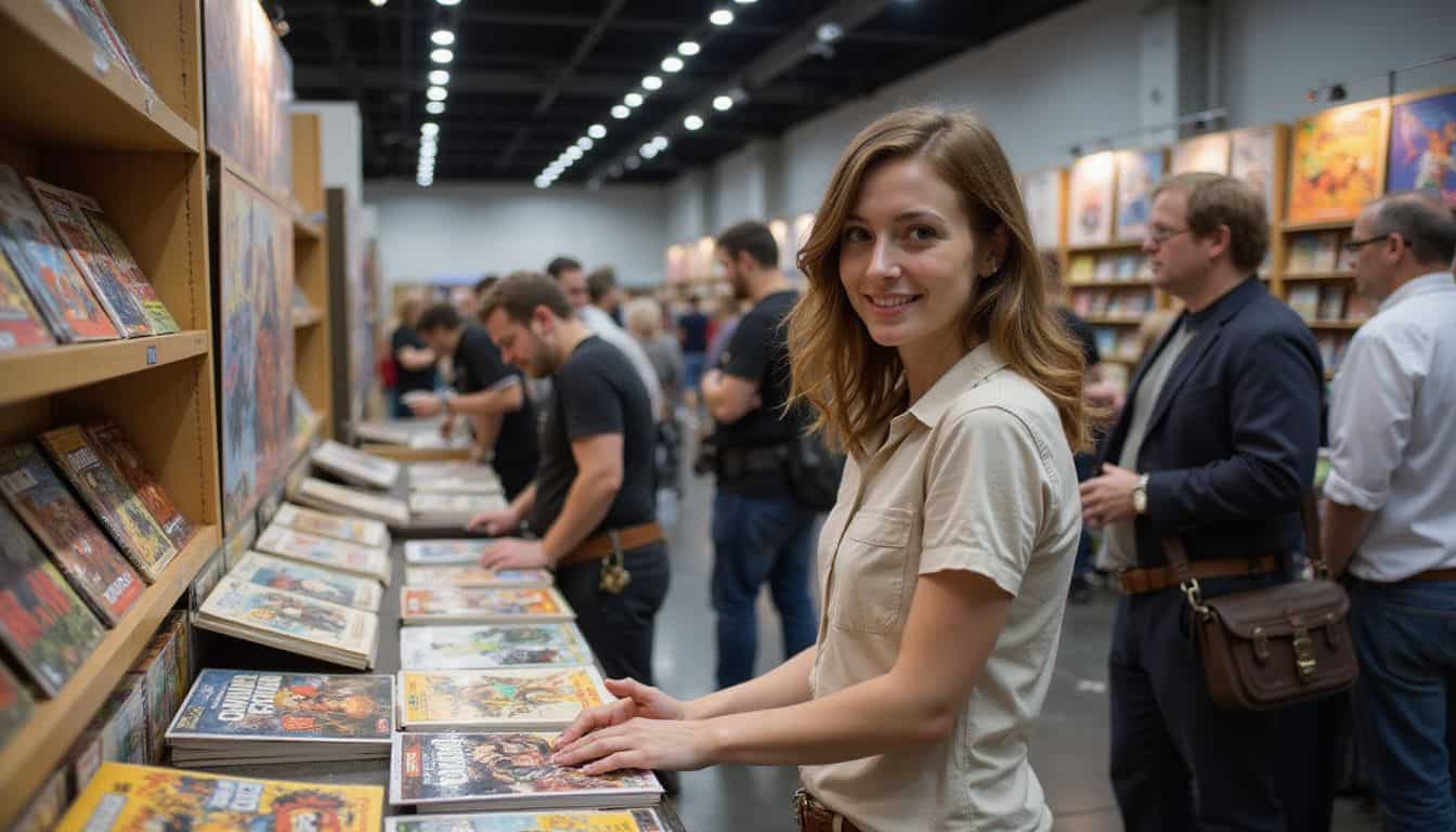 A woman in a cotton shirt joyfully browses comic books at a lively convention surrounded by costumed attendees and artists. A woman in a cotton shirt joyfully browses comic books at a lively convention surrounded by costumed attendees and artists.