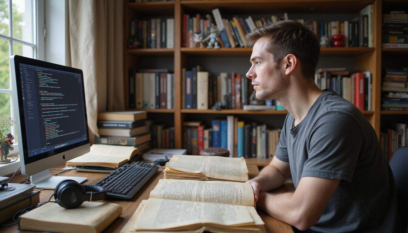 A cluttered wooden desk features Dungeons and Dragons books, character sheets, headphones, and shelves of manga and collectibles. A cluttered wooden desk features Dungeons and Dragons books, character sheets, headphones, and shelves of manga and collectibles.