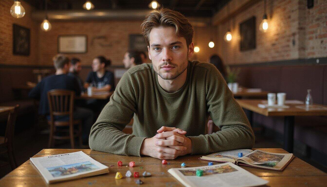 A young man intensely strategizes over a Dungeons & Dragons tabletop game surrounded by friends at a bustling café. A young man intensely strategizes over a Dungeons & Dragons tabletop game surrounded by friends at a bustling café.