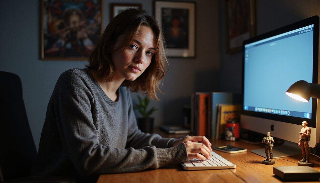 A woman in her mid-30s sits at a wooden desk surrounded by collectibles, focused on her computer screen. A woman in her mid-30s sits at a wooden desk surrounded by collectibles, focused on her computer screen.