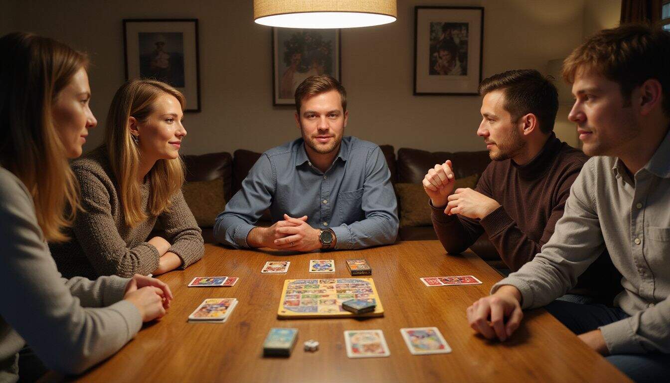 A group of five young adults enjoys a lively board game night around a wooden dining table. A group of five young adults enjoys a lively board game night around a wooden dining table.
