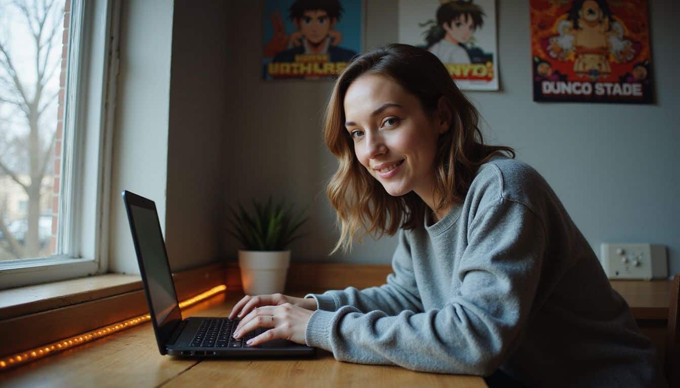 A woman in a cozy workspace attentively types on her laptop, surrounded by anime posters and a warm, welcoming atmosphere. A woman in a cozy workspace attentively types on her laptop, surrounded by anime posters and a warm, welcoming atmosphere.