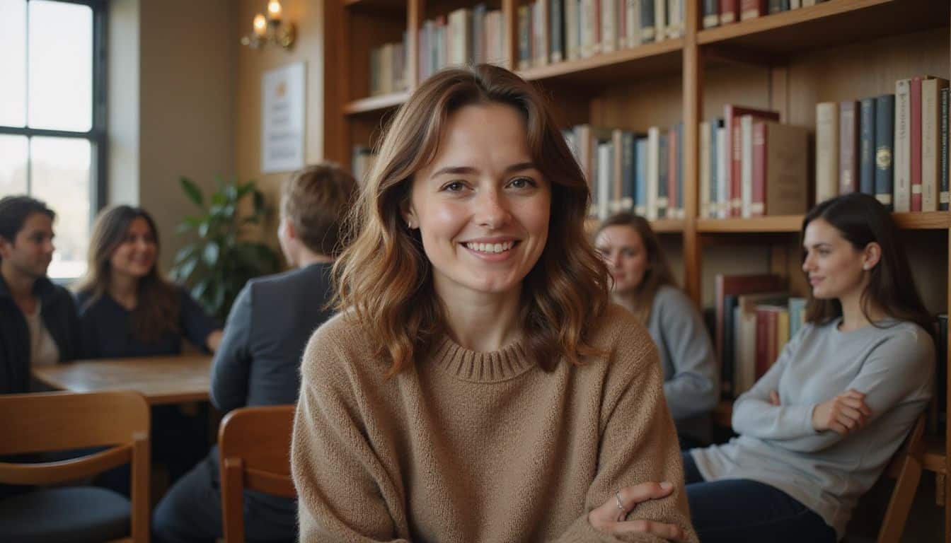 A woman in a cozy sweater smiles while engaging with a small, diverse group in a welcoming library setting. A woman in a cozy sweater smiles while engaging with a small, diverse group in a welcoming library setting.