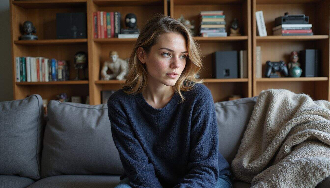 A young woman in a navy sweater sits on a sofa, surrounded by books and collectibles, lost in thought. A young woman in a navy sweater sits on a sofa, surrounded by books and collectibles, lost in thought.