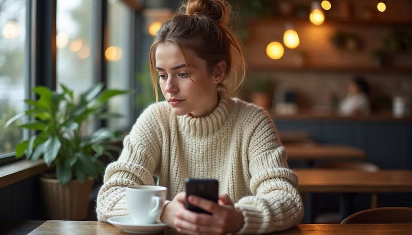A woman in a cozy sweater anxiously awaits at a café table, holding a coffee cup and smartphone. A woman in a cozy sweater anxiously awaits at a café table, holding a coffee cup and smartphone.