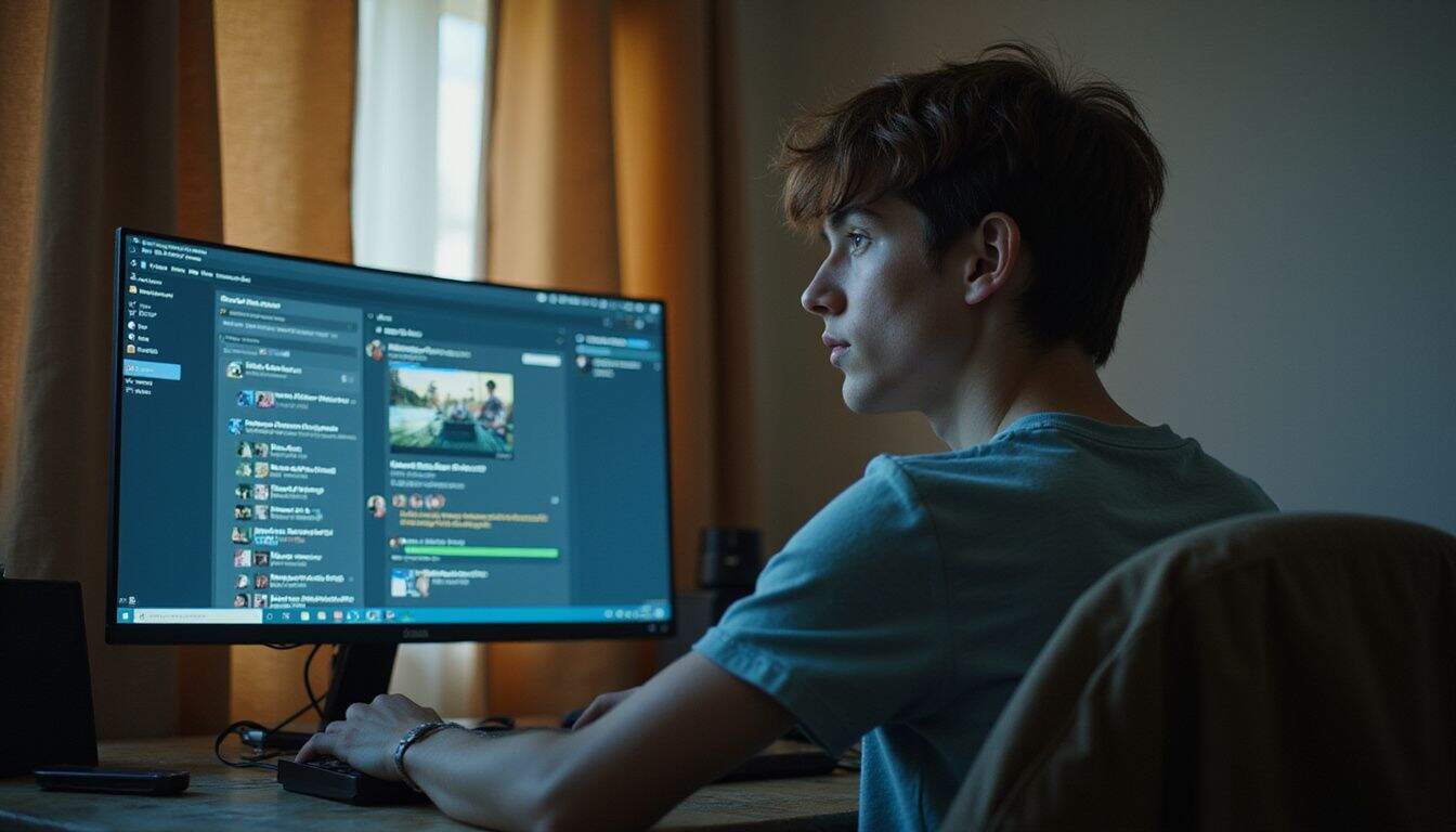 A young adult focused on their computer screen, engaging with a vibrant Discord server. A young adult focused on their computer screen, engaging with a vibrant Discord server.