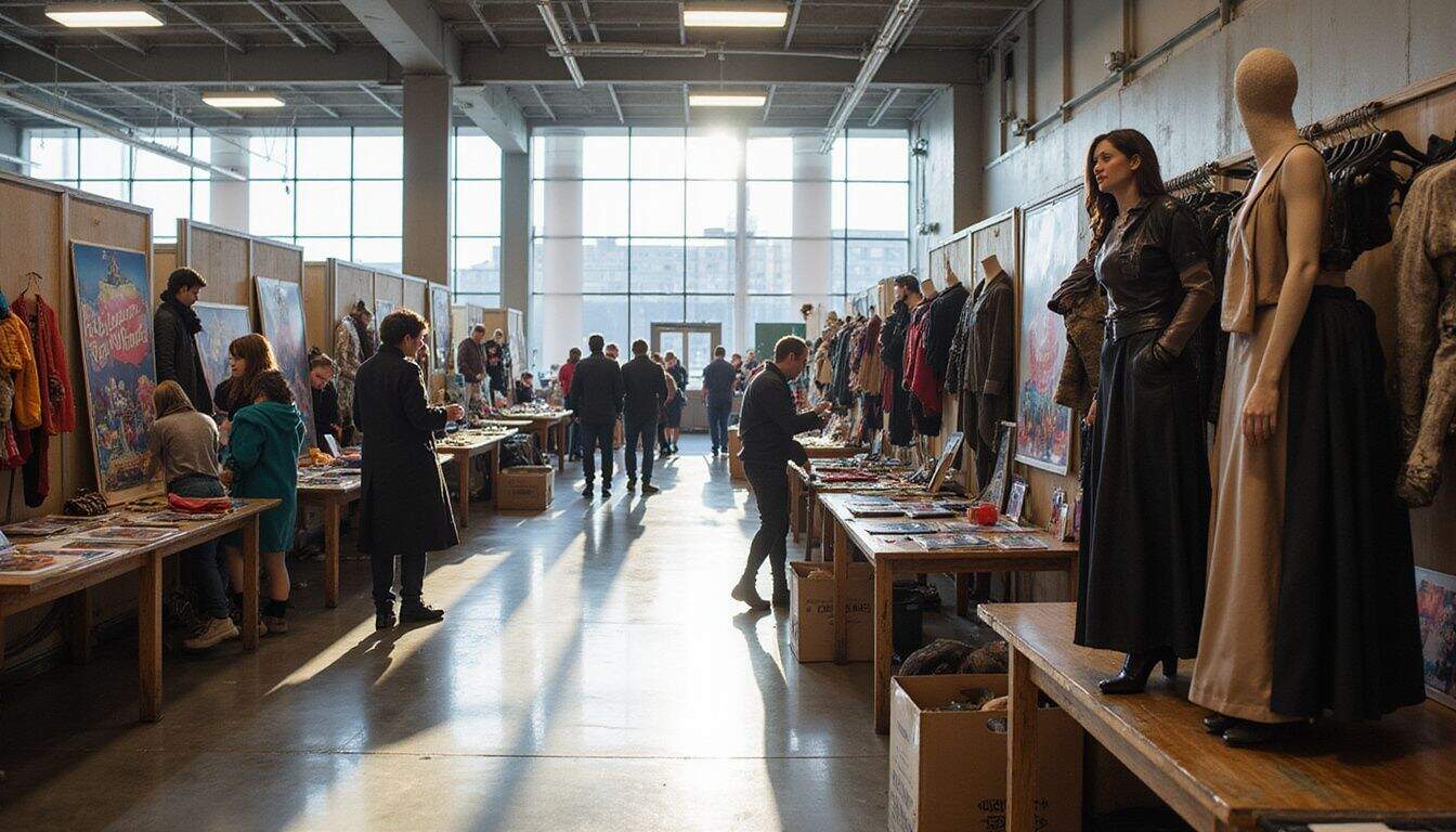 A lively convention hall features colorful merchandise booths, elaborate cosplay costumes, and engaged attendees exploring the vibrant pop culture scene. A lively convention hall features colorful merchandise booths, elaborate cosplay costumes, and engaged attendees exploring the vibrant pop culture scene.