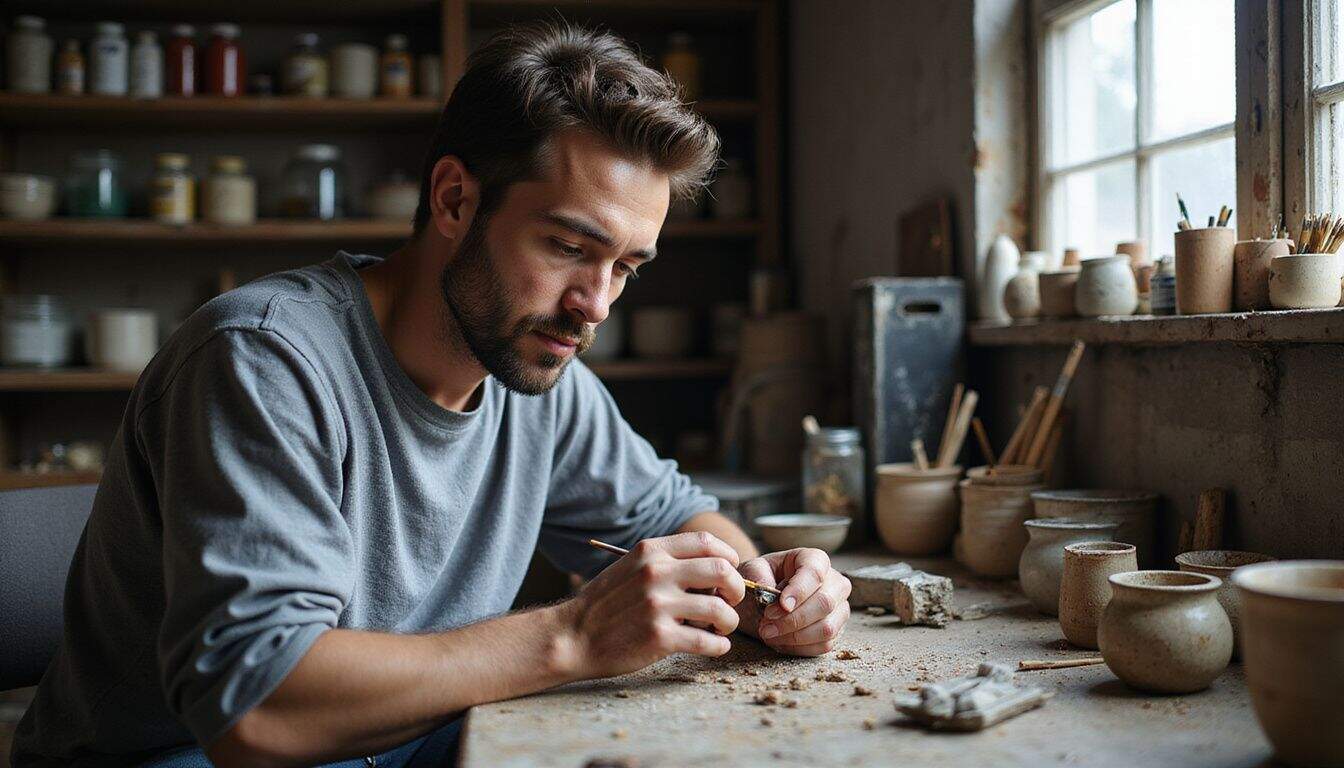 A focused man meticulously paints a small model at a cluttered workbench in his workshop. A focused man meticulously paints a small model at a cluttered workbench in his workshop.