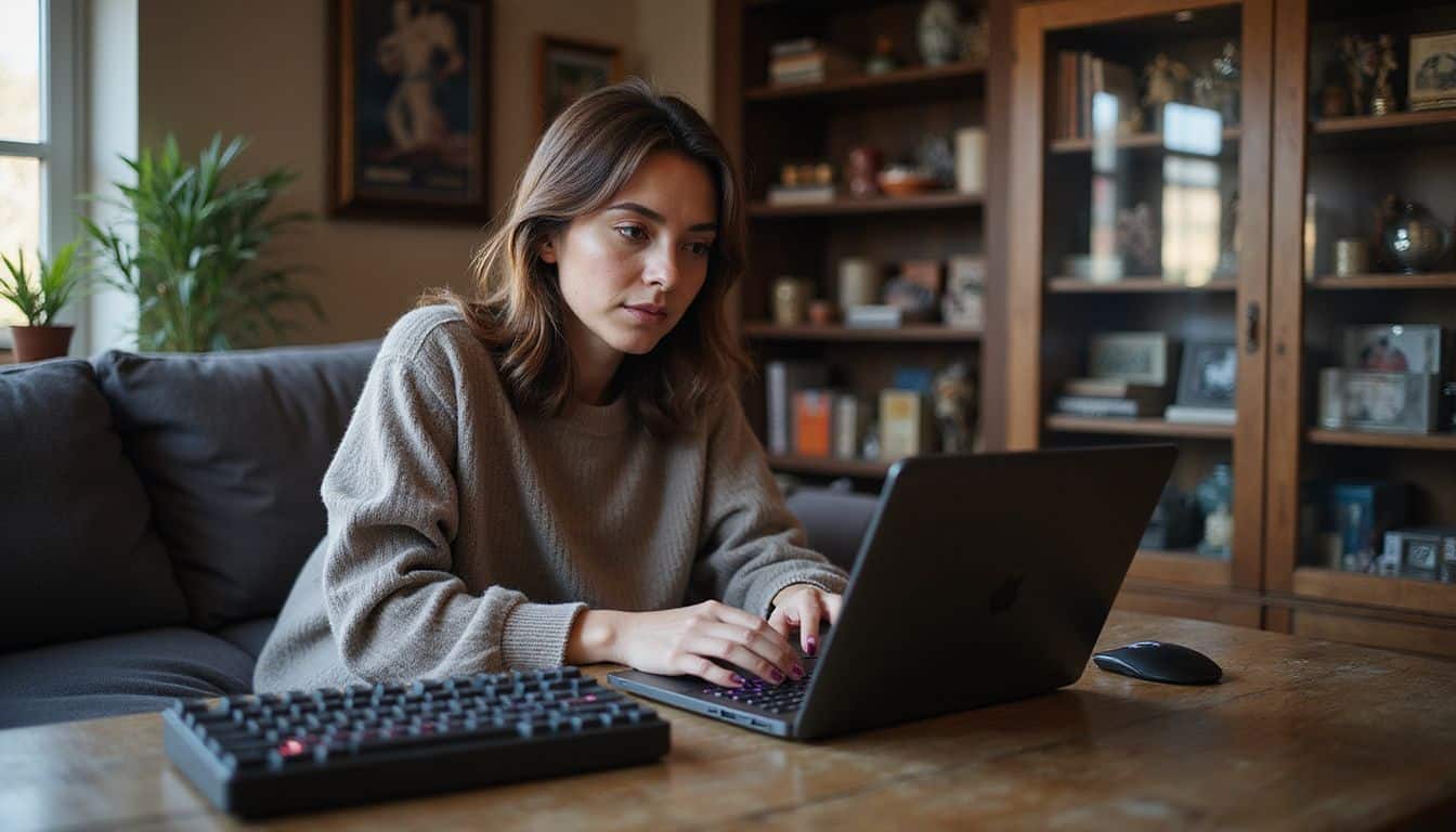 A woman in her 30s sits on a sofa, focused on her laptop amidst a cozy, geek-themed living room. A woman in her 30s sits on a sofa, focused on her laptop amidst a cozy, geek-themed living room.