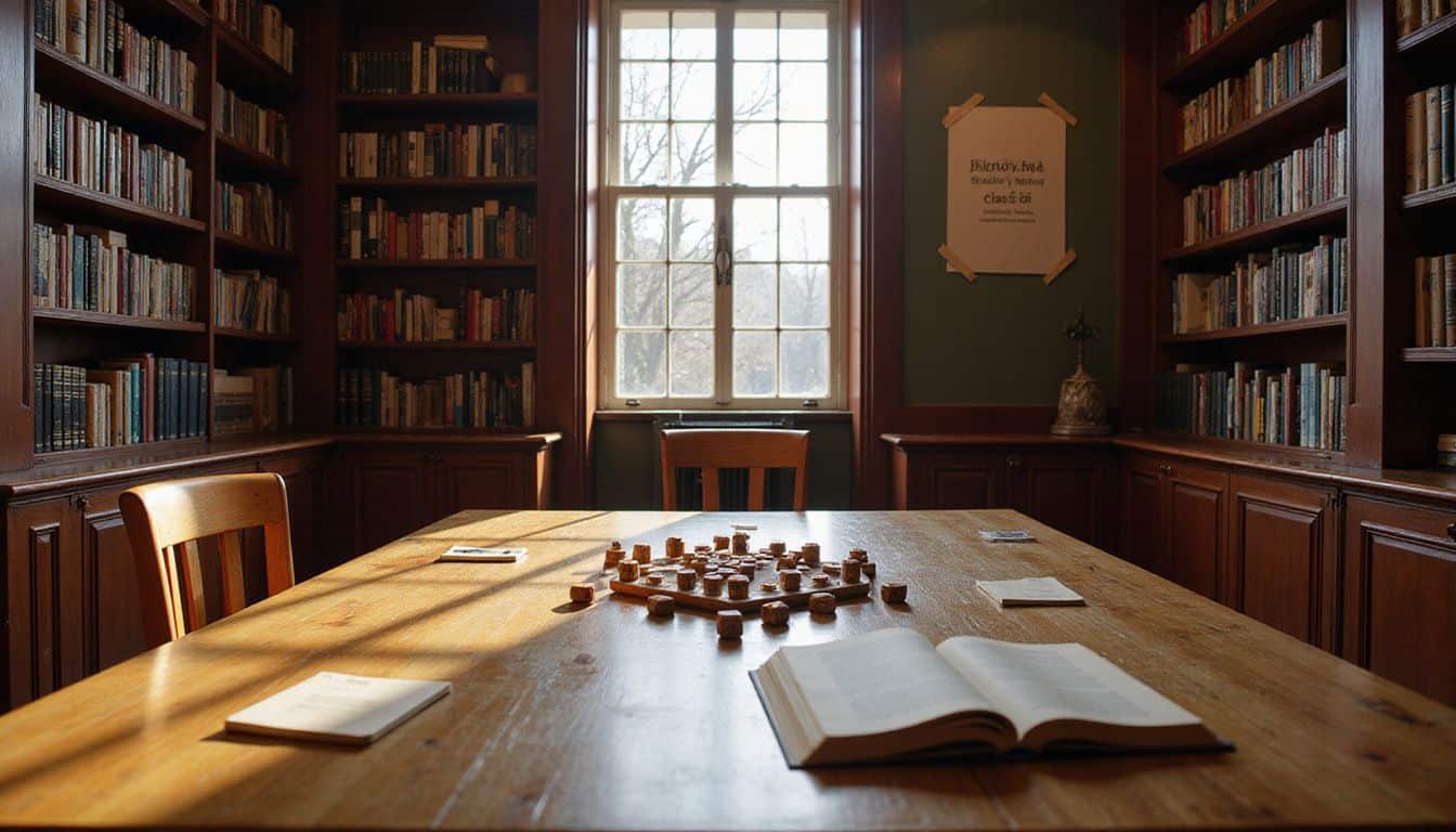 A cozy library features shelves of books, a board game on an oak table, and a creative writing class poster. A cozy library features shelves of books, a board game on an oak table, and a creative writing class poster.