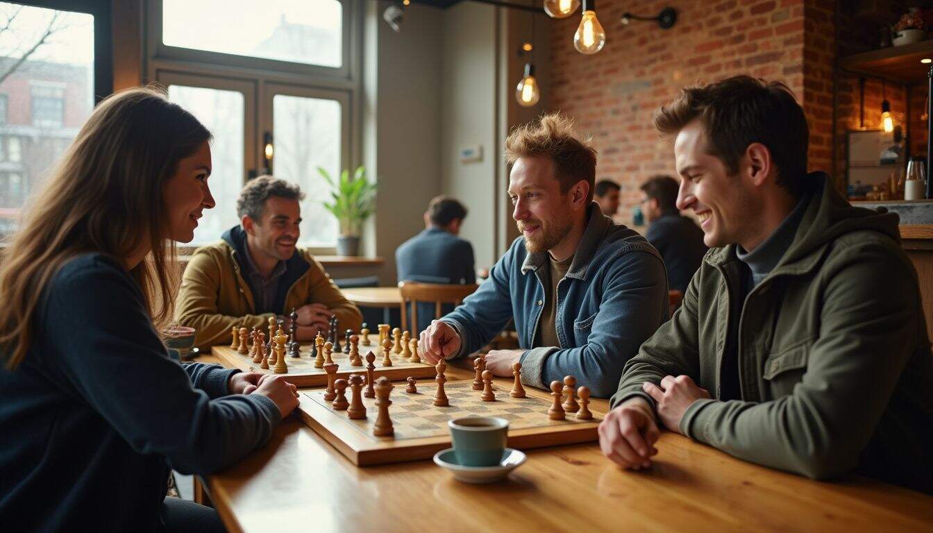 A cozy coffee shop features patrons enjoying board games and conversation around warm wooden tables. A cozy coffee shop features patrons enjoying board games and conversation around warm wooden tables.