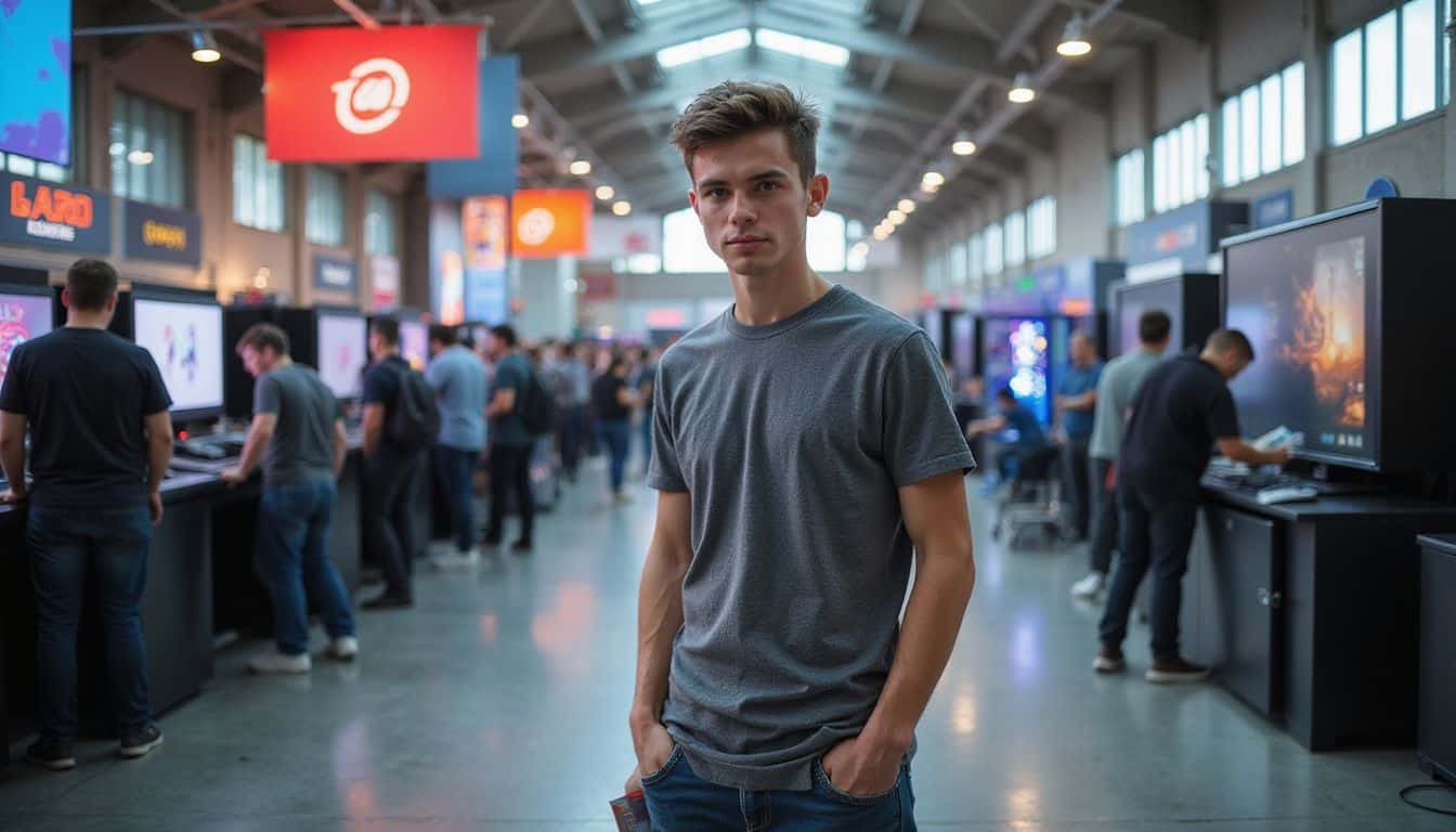 A young man stands in a gaming expo, casually holding a brochure amid vibrant booths and enthusiastic attendees. A young man stands in a gaming expo, casually holding a brochure amid vibrant booths and enthusiastic attendees.