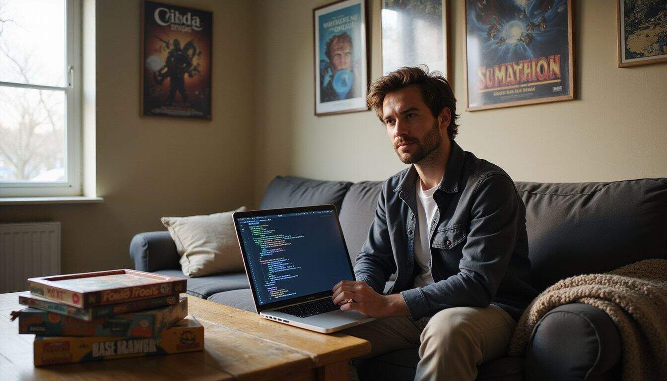 A cozy living room features a relaxed adult coding on a laptop, surrounded by board games and geek-themed decor. A cozy living room features a relaxed adult coding on a laptop, surrounded by board games and geek-themed decor.