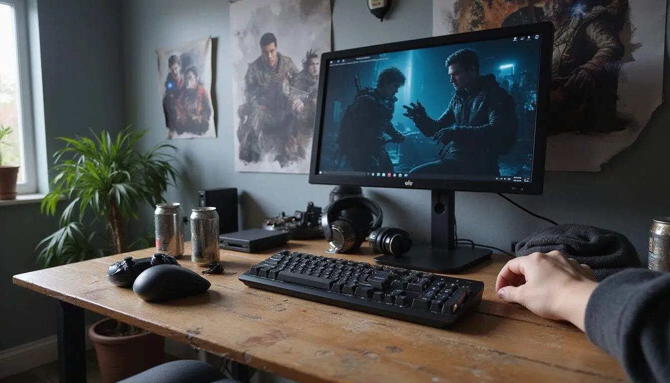 A cluttered gaming desk features a keyboard, headset, controllers, and energy drink cans, reflecting a personal gaming space. A cluttered gaming desk features a keyboard, headset, controllers, and energy drink cans, reflecting a personal gaming space.