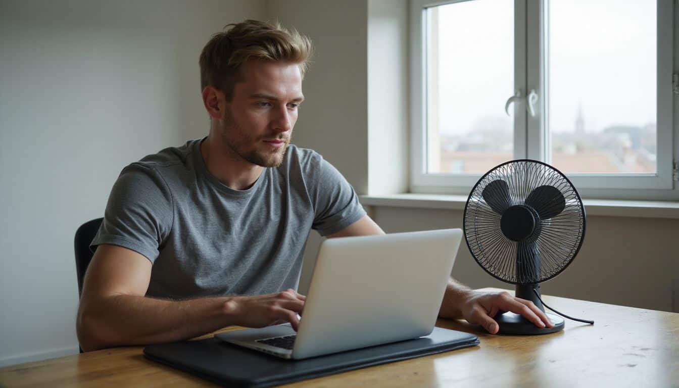 A young man sits focused at a desk, adjusting a fan while using a laptop in a modest room. A young man sits focused at a desk, adjusting a fan while using a laptop in a modest room.