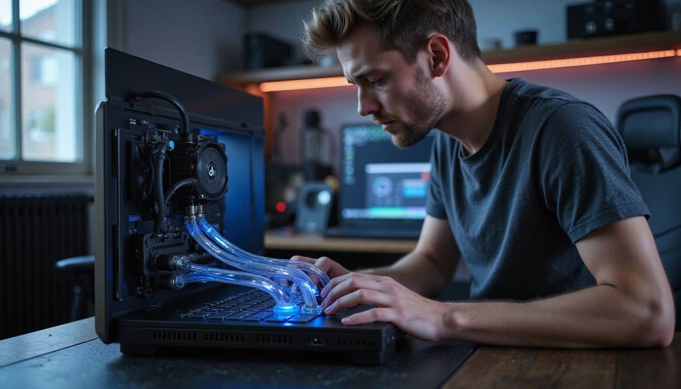 A man attentively works on a high-end gaming laptop on a textured black desk amidst a tech-filled environment. A man attentively works on a high-end gaming laptop on a textured black desk amidst a tech-filled environment.