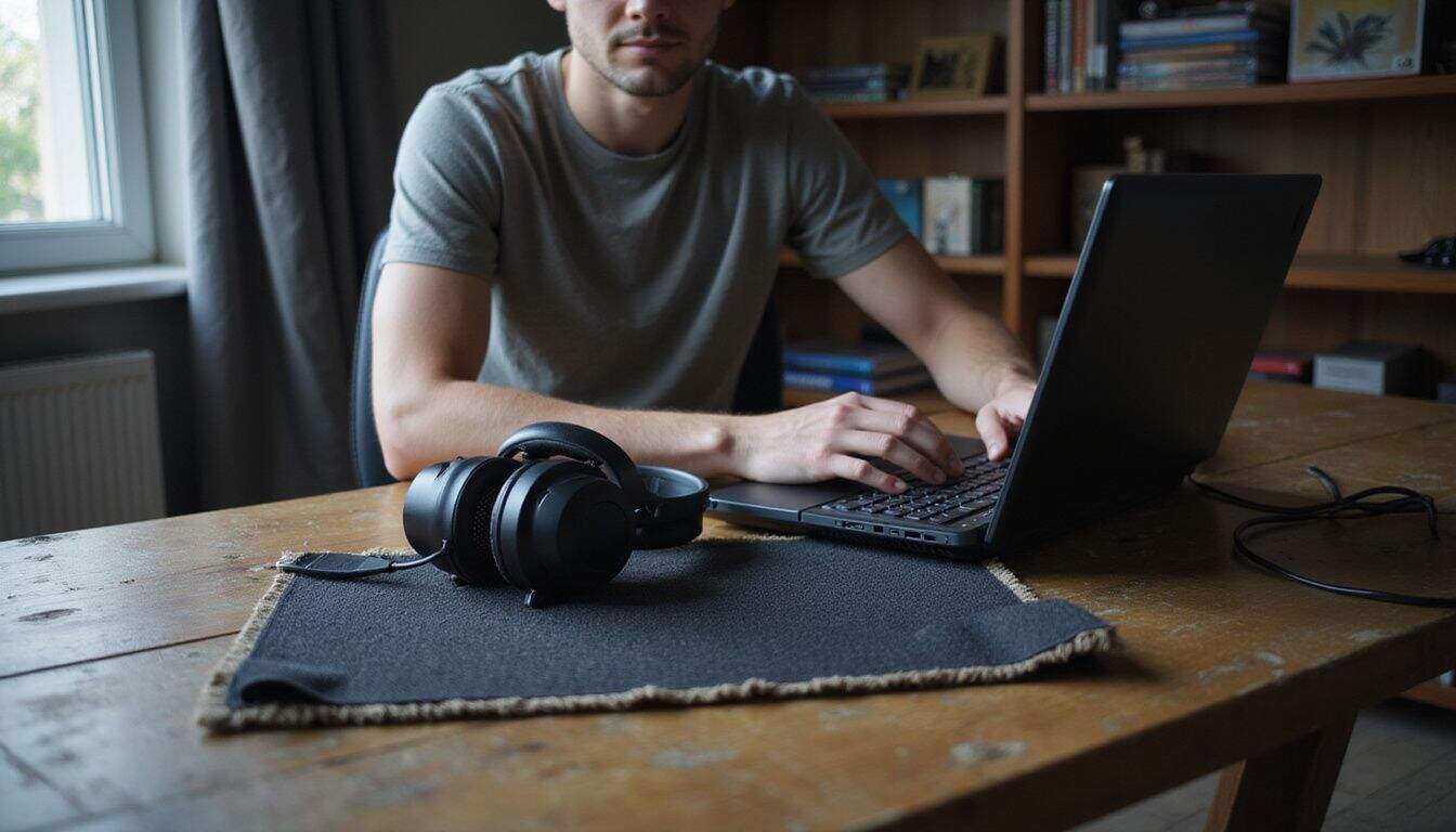 A focused young adult sits at a desk surrounded by gaming gear, immersed in a gaming session. A focused young adult sits at a desk surrounded by gaming gear, immersed in a gaming session.