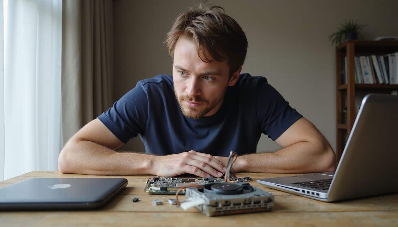 A man in a navy t-shirt concentrates on repairing laptop components at a wooden desk. A man in a navy t-shirt concentrates on repairing laptop components at a wooden desk.