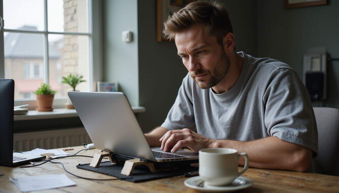 A focused man adjusts a homemade laptop cooling stand at a cluttered wooden desk in a modest room. A focused man adjusts a homemade laptop cooling stand at a cluttered wooden desk in a modest room.