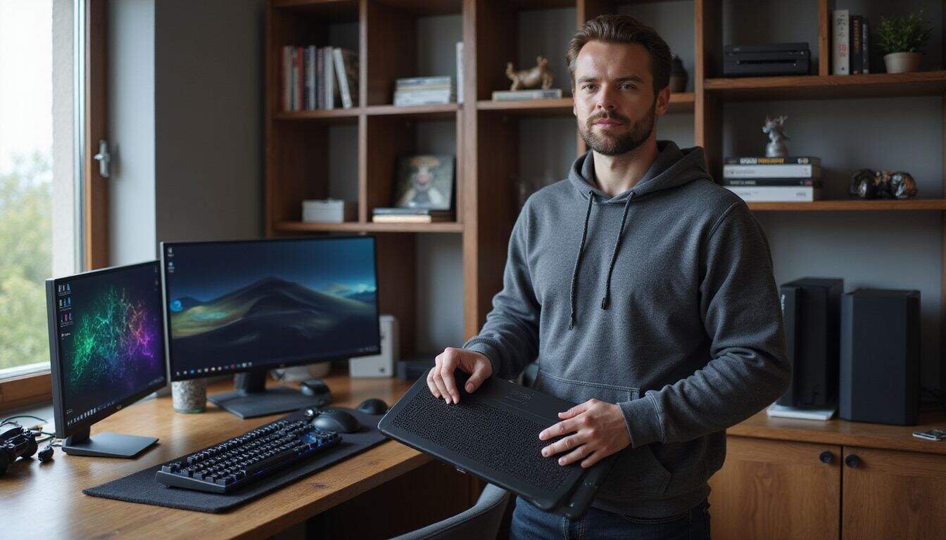 A focused young man stands in a detailed gaming room, holding a sleek gaming laptop cooling pad. A focused young man stands in a detailed gaming room, holding a sleek gaming laptop cooling pad.