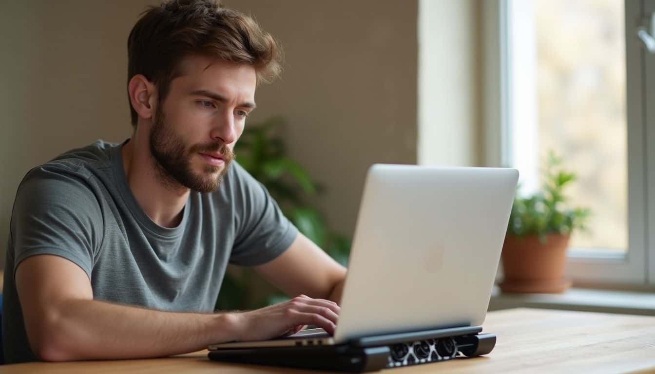 A focused young man sits at a minimalist desk, working on a laptop with a sleek cooling pad. A focused young man sits at a minimalist desk, working on a laptop with a sleek cooling pad.