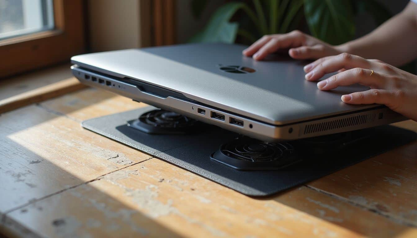 A sleek gaming laptop rests on a well-worn wooden desk, accompanied by a cooling pad and relaxed hands nearby. A sleek gaming laptop rests on a well-worn wooden desk, accompanied by a cooling pad and relaxed hands nearby.