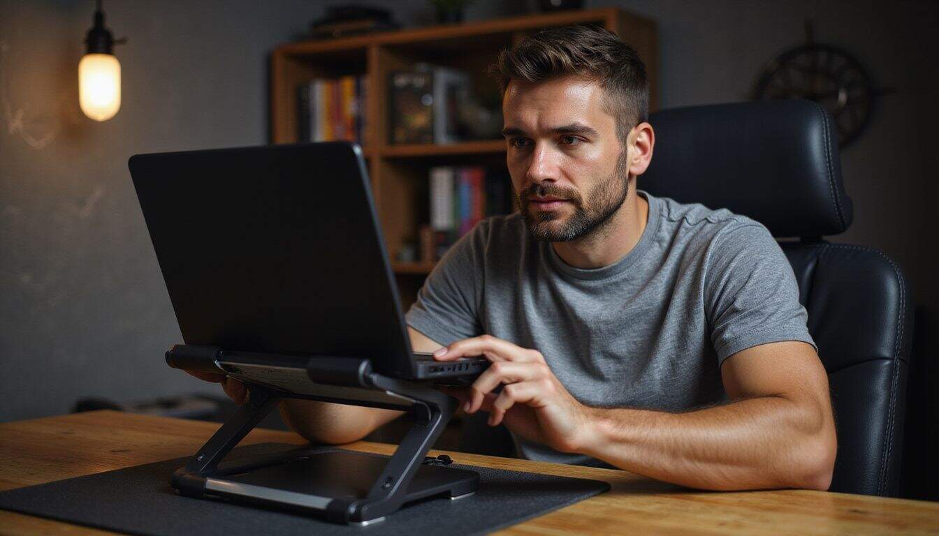 A man adjusts a sleek laptop stand at his wooden gaming desk, focused on optimizing his workspace. A man adjusts a sleek laptop stand at his wooden gaming desk, focused on optimizing his workspace.