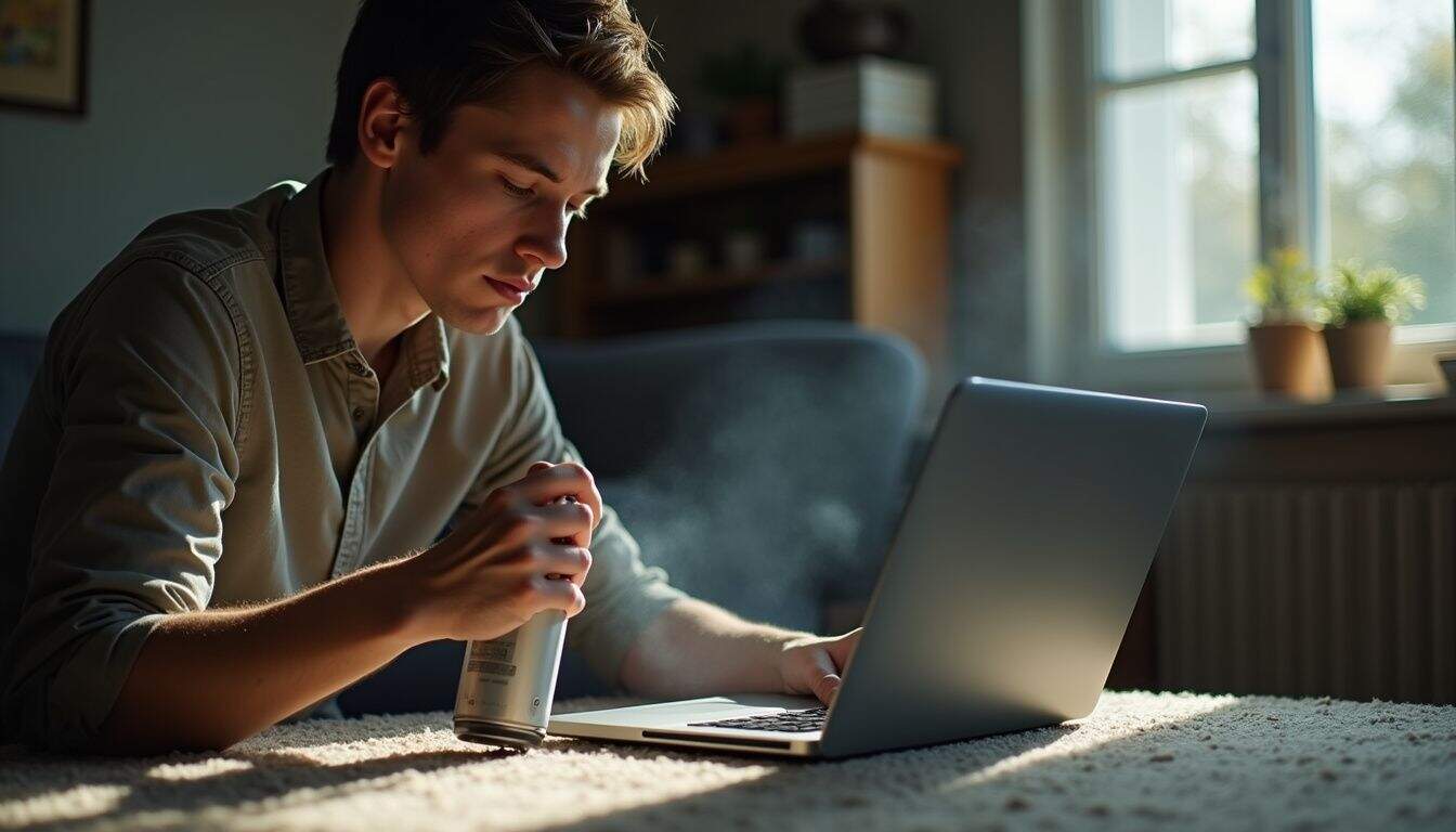 A young person carefully cleans their laptop's air vents with compressed air in a cozy, lived-in room. A young person carefully cleans their laptop's air vents with compressed air in a cozy, lived-in room.