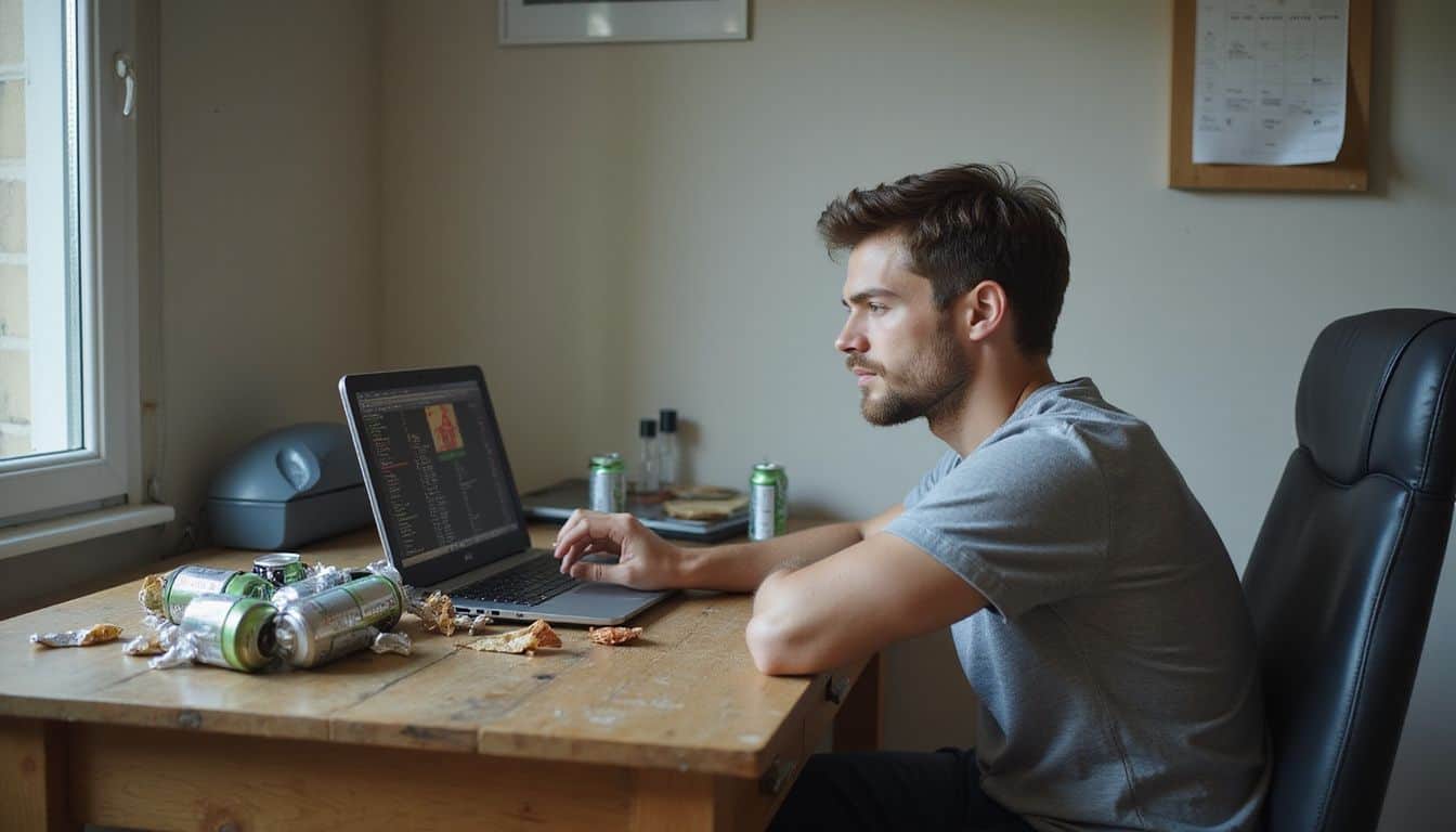 A young man sits at a cluttered desk, focused on his gaming laptop amidst empty energy drink cans and snack wrappers. A young man sits at a cluttered desk, focused on his gaming laptop amidst empty energy drink cans and snack wrappers.