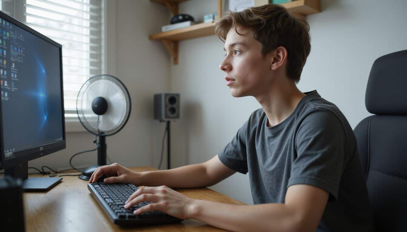 A teenage boy sits at his organized gaming desk, focused on his monitor amidst a cozy bedroom setting. A teenage boy sits at his organized gaming desk, focused on his monitor amidst a cozy bedroom setting.