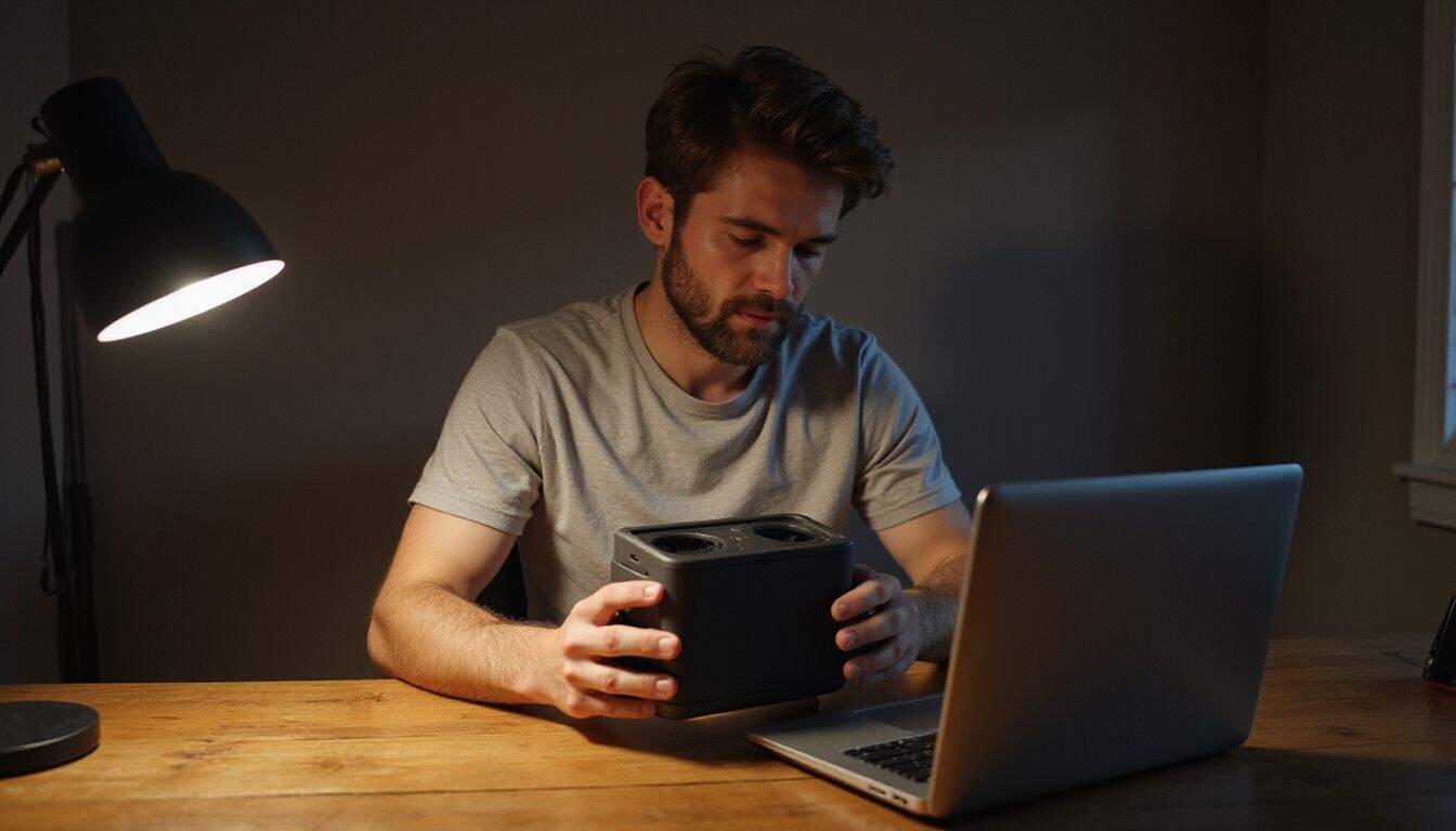 A young man with tousled hair sits at a desk, focused on a compact vacuum cooler and gaming laptop. A young man with tousled hair sits at a desk, focused on a compact vacuum cooler and gaming laptop.
