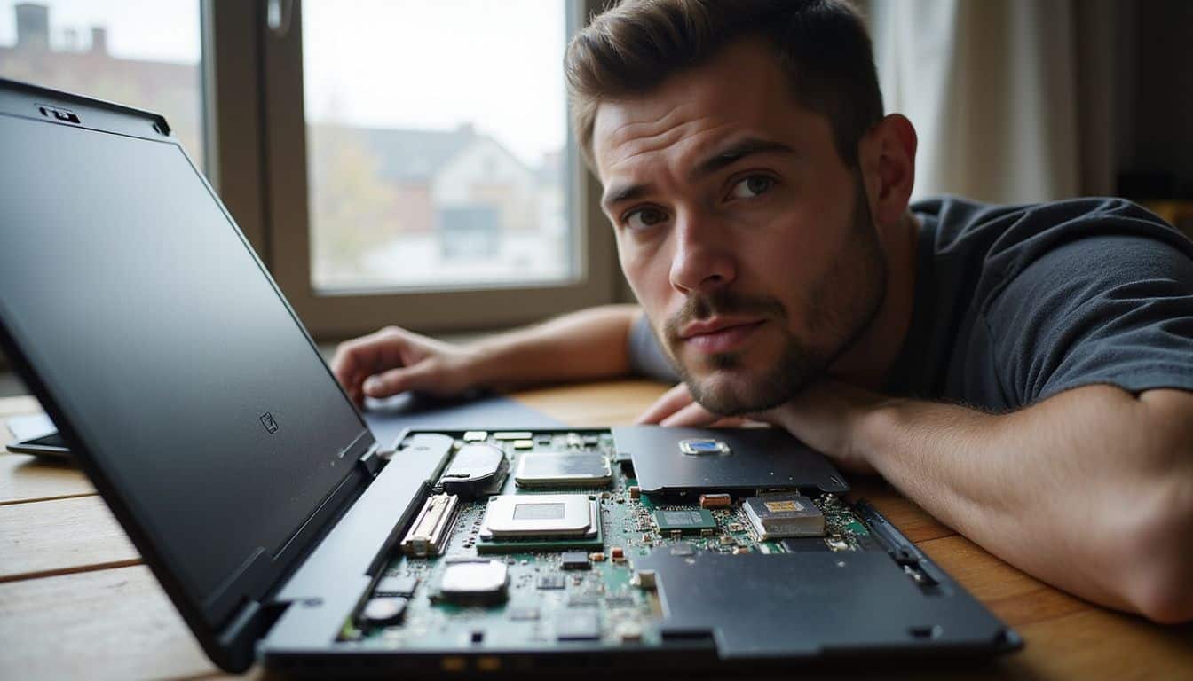 A focused man examines a gaming laptop, showcasing its detailed internal components and intricate circuitry. A focused man examines a gaming laptop, showcasing its detailed internal components and intricate circuitry.