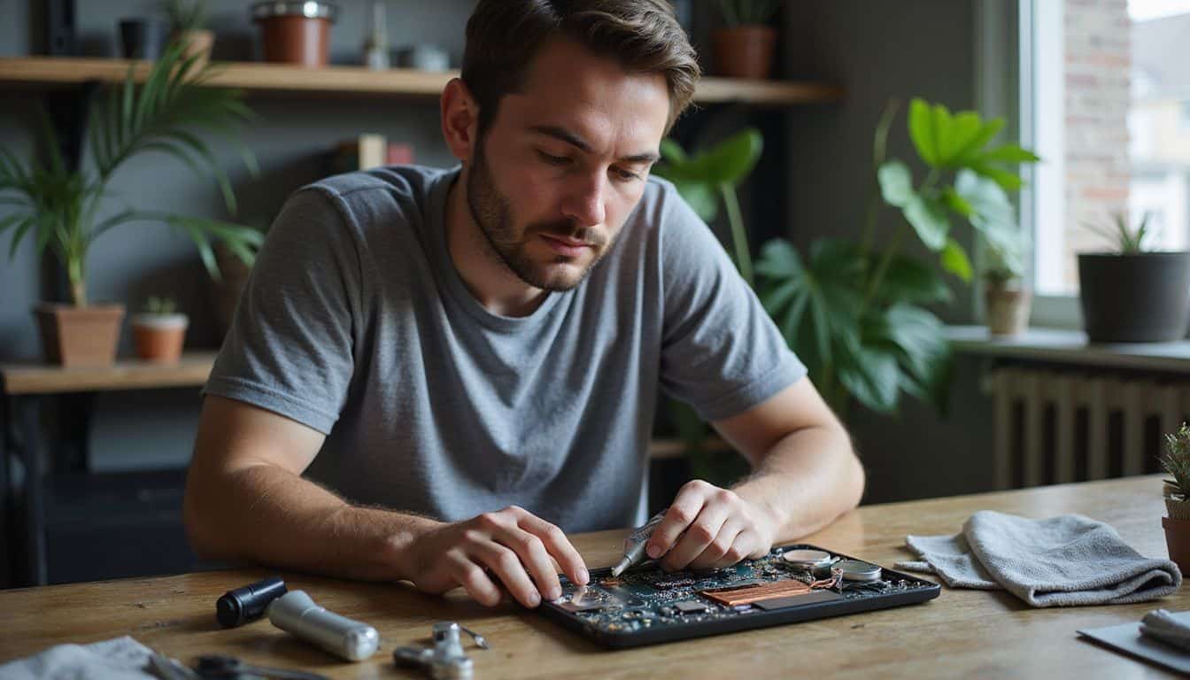 A focused man meticulously applies thermal paste to a gaming laptop while surrounded by tools on a worn wooden desk. A focused man meticulously applies thermal paste to a gaming laptop while surrounded by tools on a worn wooden desk.