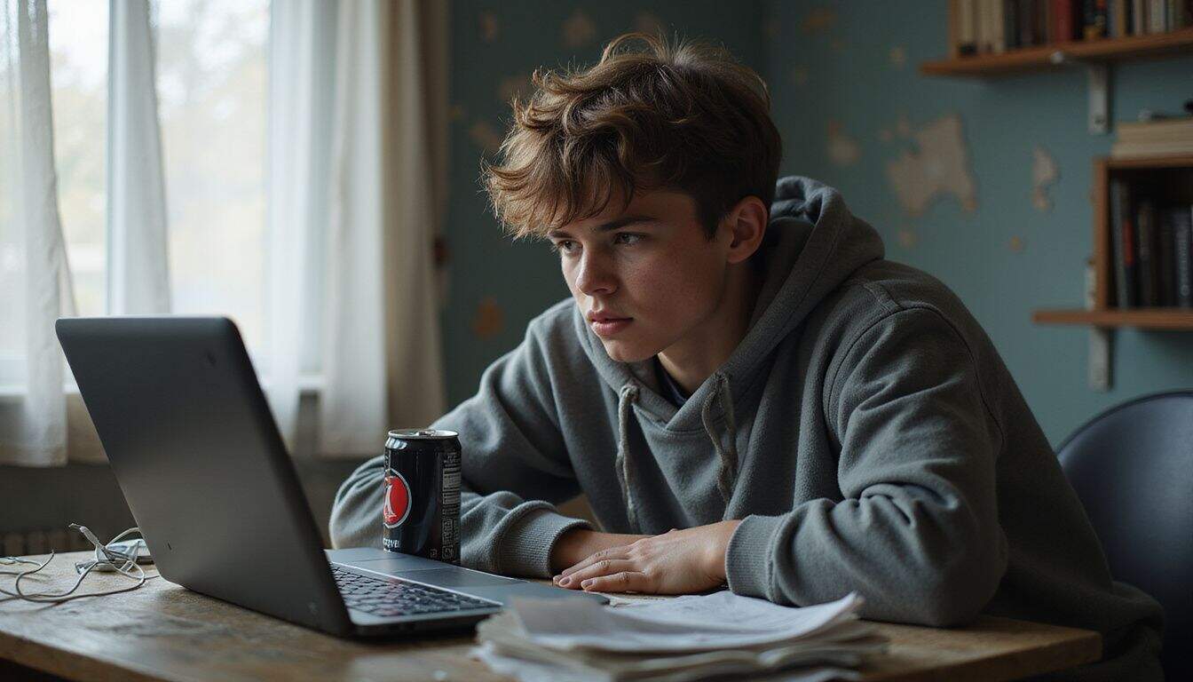 A frustrated teenage boy intensely focuses on his gaming laptop amidst a cluttered desk in his modest room. A frustrated teenage boy intensely focuses on his gaming laptop amidst a cluttered desk in his modest room.