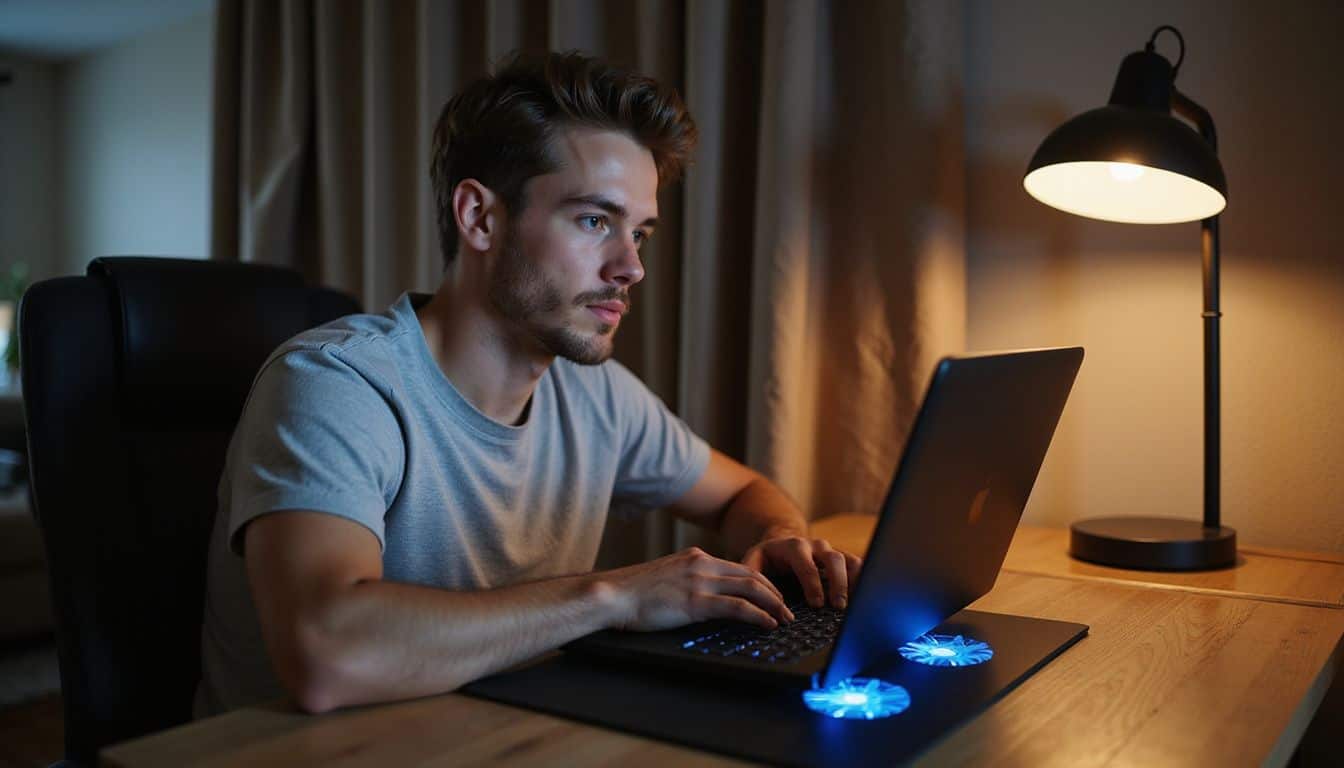 A young man sits at a wooden desk, focused on his laptop while gaming in a cozy, dimly lit room. A young man sits at a wooden desk, focused on his laptop while gaming in a cozy, dimly lit room.