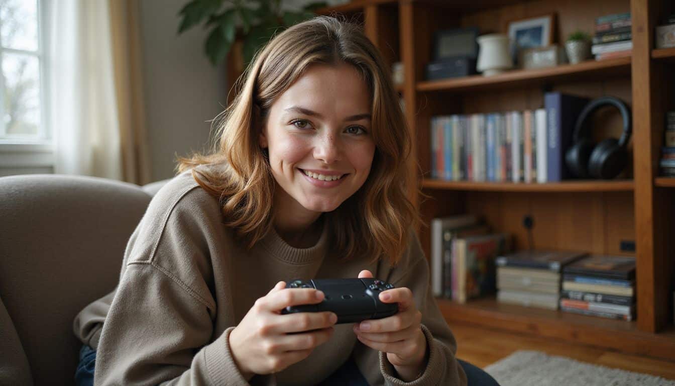 A young woman enjoys video gaming in a cozy living room, casually dressed and smiling with a game controller in hand. A young woman enjoys video gaming in a cozy living room, casually dressed and smiling with a game controller in hand.