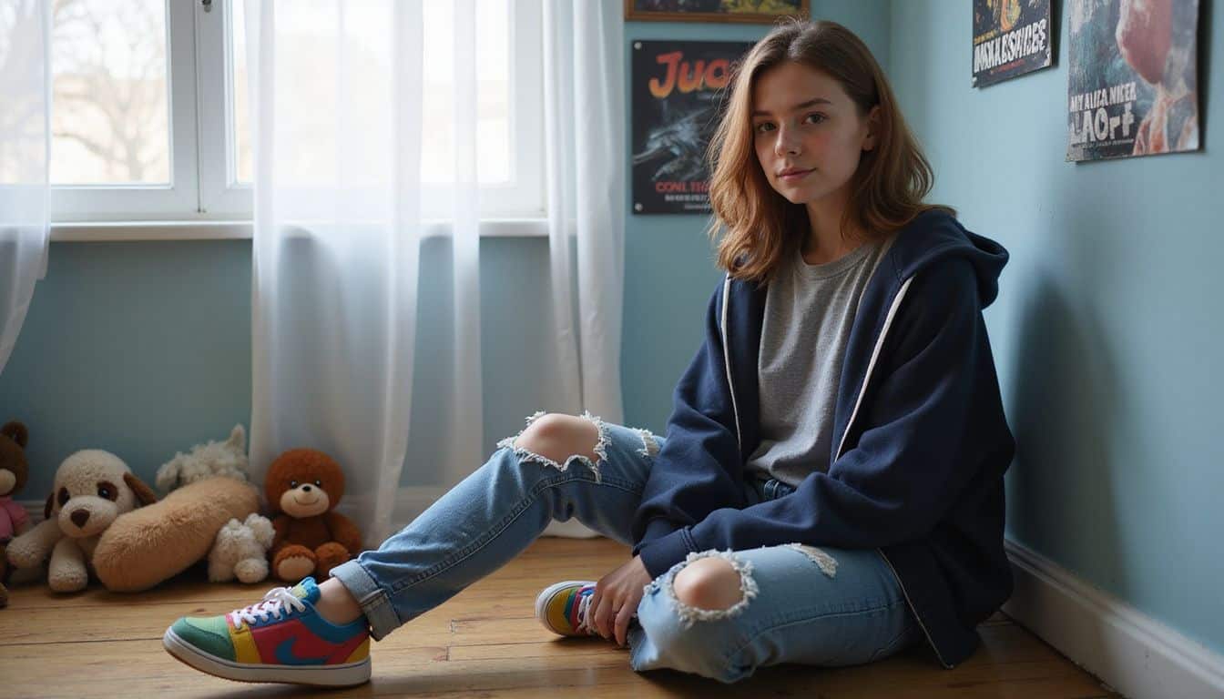 A teenage girl sits on a wooden floor, dressed casually, surrounded by plush toys and gaming posters. A teenage girl sits on a wooden floor, dressed casually, surrounded by plush toys and gaming posters.