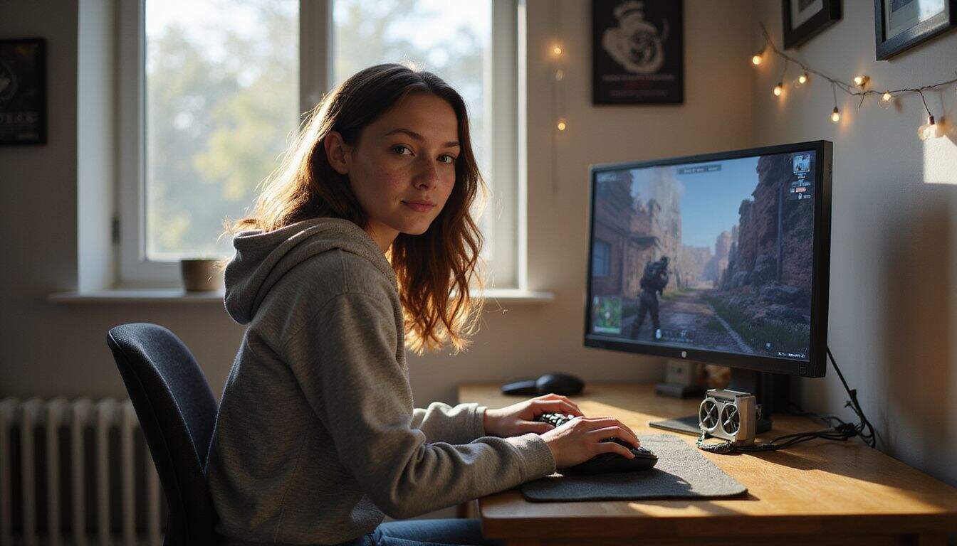 A teenage girl plays video games at her organized desk, showcasing determination and enthusiasm while streaming to her audience. A teenage girl plays video games at her organized desk, showcasing determination and enthusiasm while streaming to her audience.