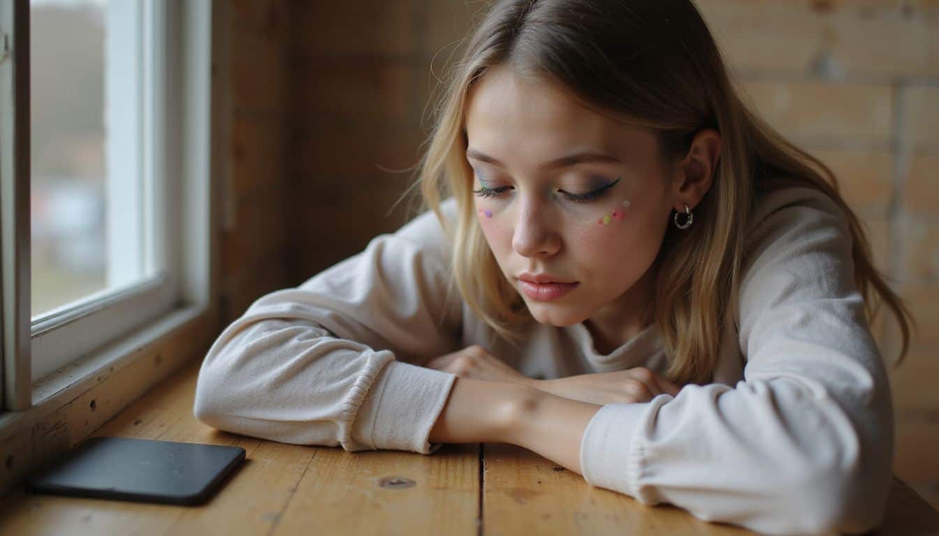 A teenage girl focuses intently on her makeup application at a wooden vanity, showcasing her artistic pastel eye look. A teenage girl focuses intently on her makeup application at a wooden vanity, showcasing her artistic pastel eye look.