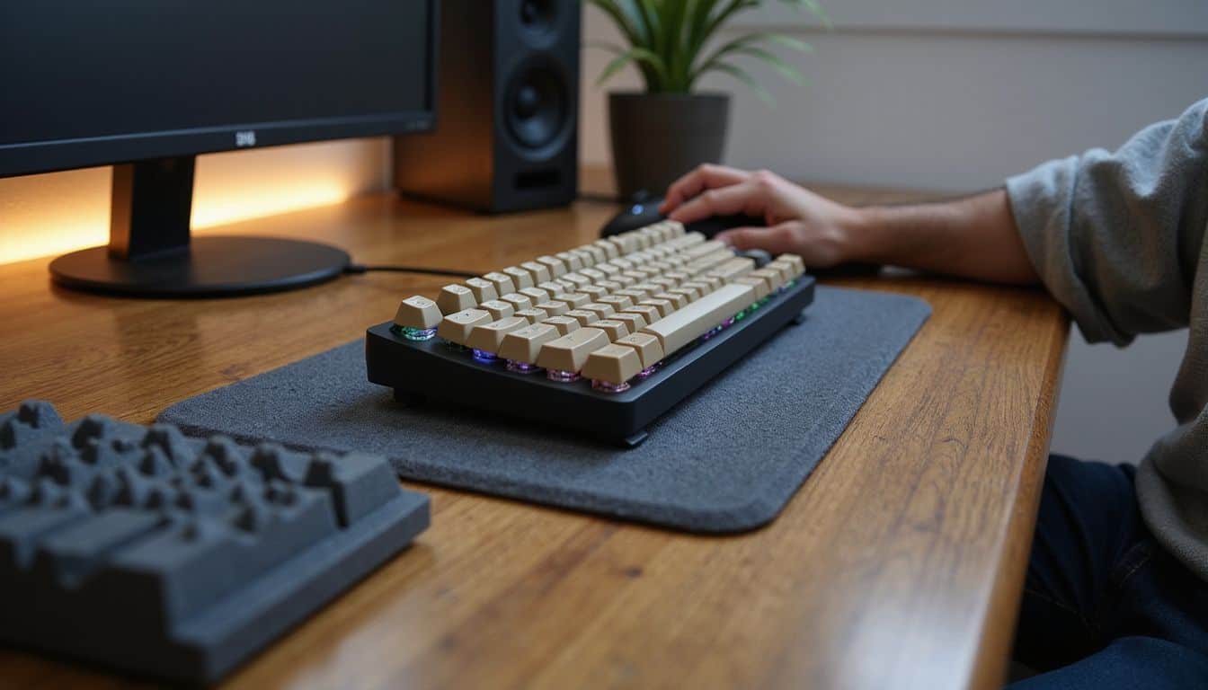 The image features a detailed gaming setup on a wooden desk, highlighting a customized mechanical keyboard and ambient lighting. The image features a detailed gaming setup on a wooden desk, highlighting a customized mechanical keyboard and ambient lighting.