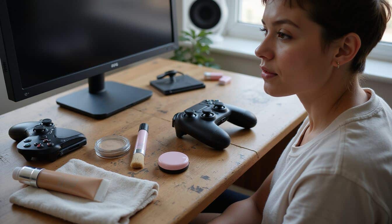 A cluttered gaming desk displays a mix of gaming gear and pastel makeup products, reflecting a comfortable, lived-in space. A cluttered gaming desk displays a mix of gaming gear and pastel makeup products, reflecting a comfortable, lived-in space.