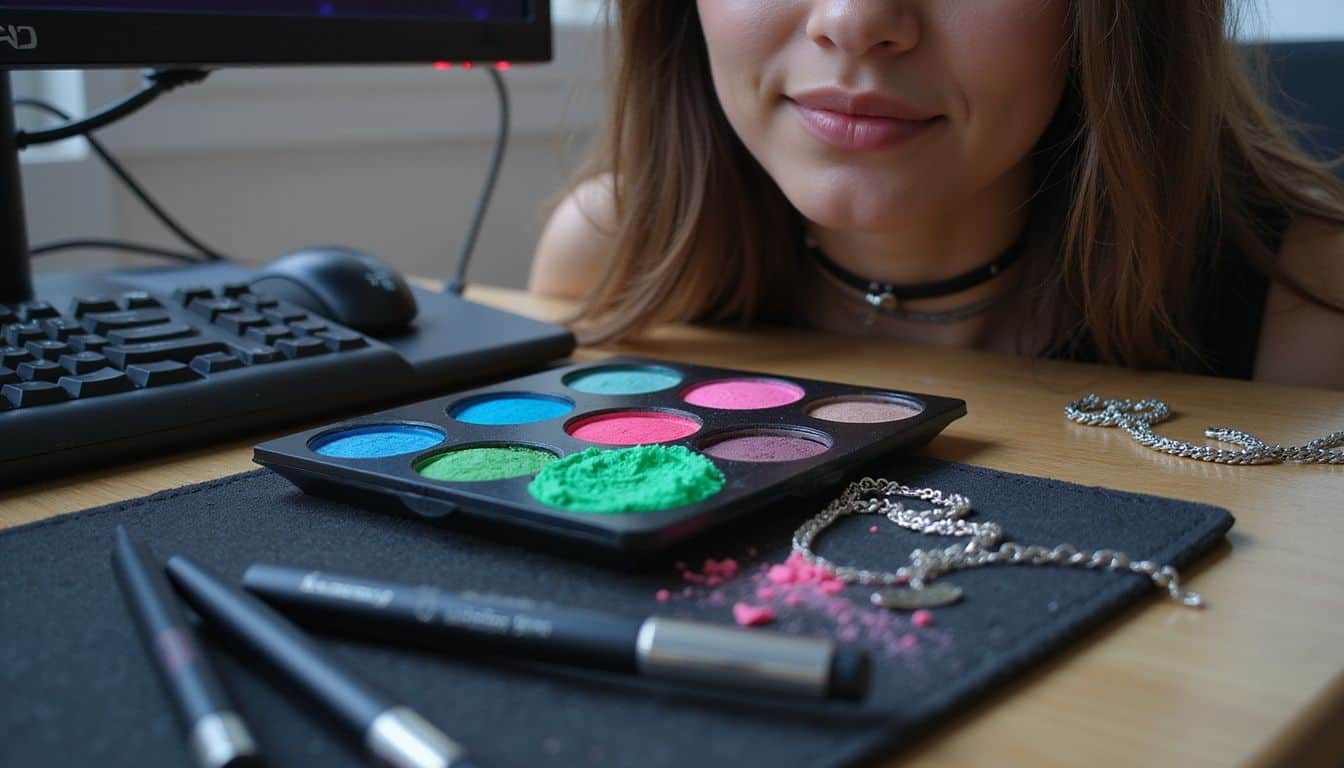 The image features a vibrant eyeshadow palette, accessories, and a creative workspace with a gaming monitor. The image features a vibrant eyeshadow palette, accessories, and a creative workspace with a gaming monitor.