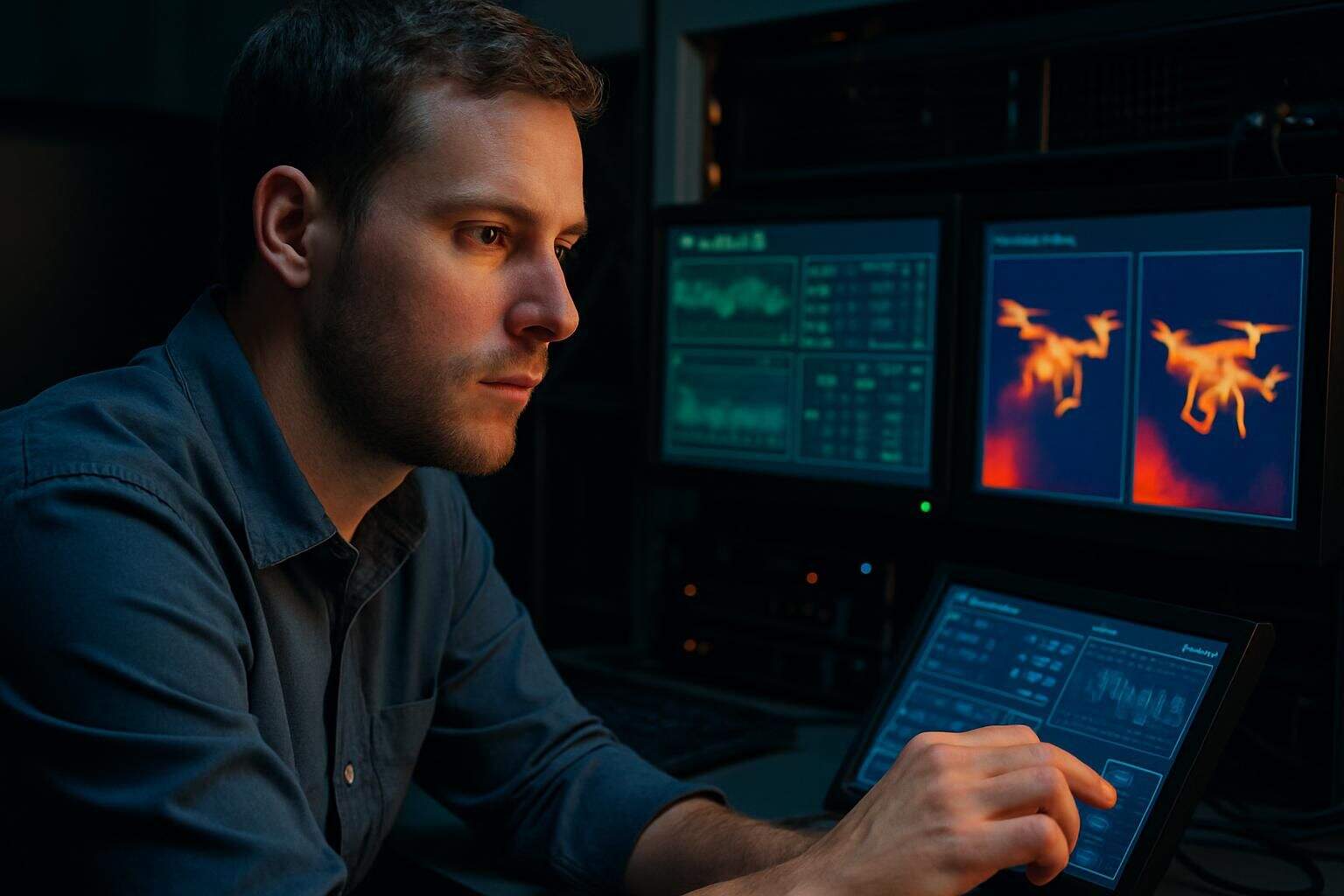 A focused man in a navy shirt operates advanced surveillance technology in a high-tech monitoring room. A focused man in a navy shirt operates advanced surveillance technology in a high-tech monitoring room.