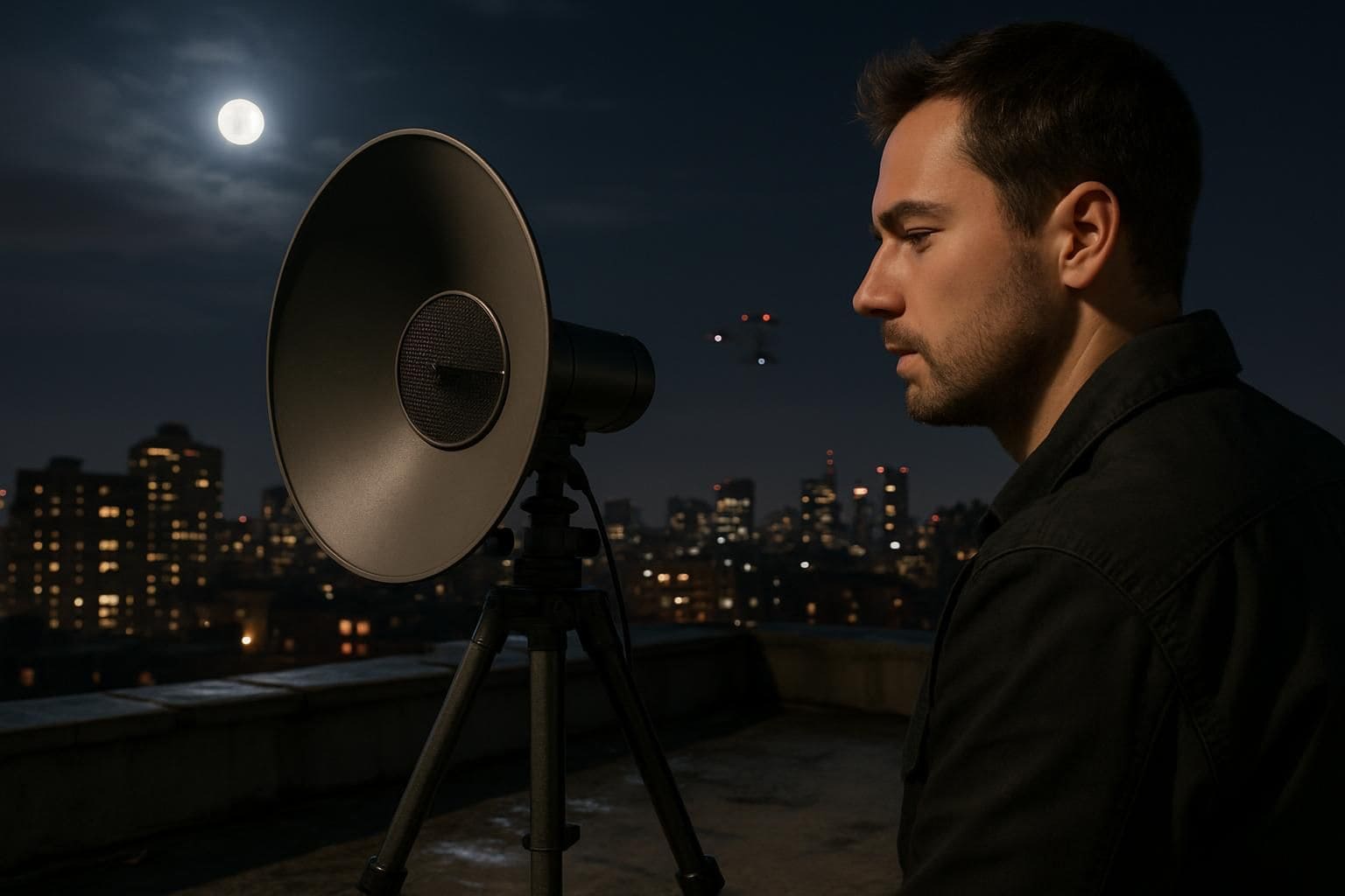 A focused man operates a parabolic microphone on a city rooftop, monitoring small drones below. A focused man operates a parabolic microphone on a city rooftop, monitoring small drones below.