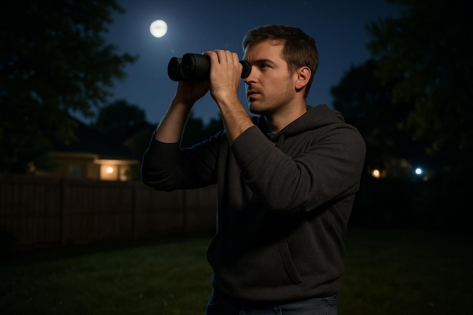 A man in casual attire observes the night sky intently with binoculars from his suburban backyard. A man in casual attire observes the night sky intently with binoculars from his suburban backyard.