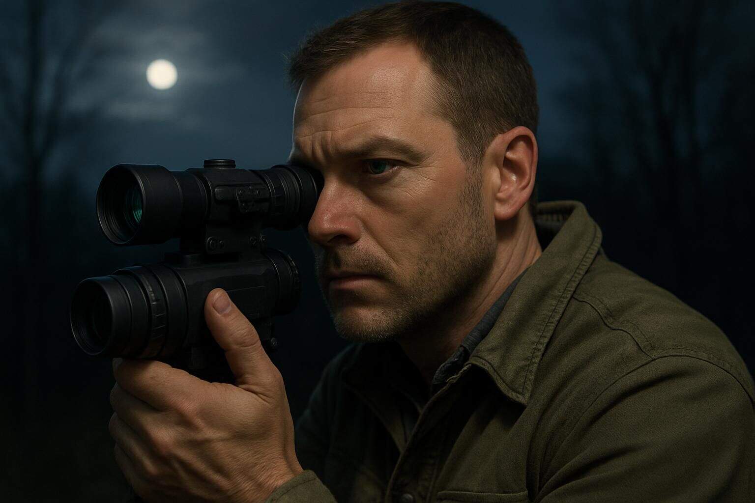 A focused man in a tactical jacket peers through a night vision scope, scanning the dark sky with vigilance. A focused man in a tactical jacket peers through a night vision scope, scanning the dark sky with vigilance.