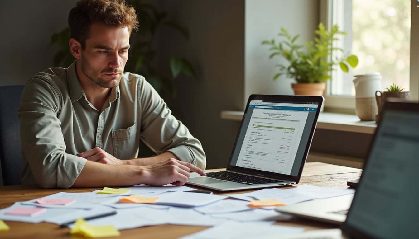 A focused individual analyzes data at a cluttered desk in a home office, surrounded by papers and a laptop. A focused individual analyzes data at a cluttered desk in a home office, surrounded by papers and a laptop.