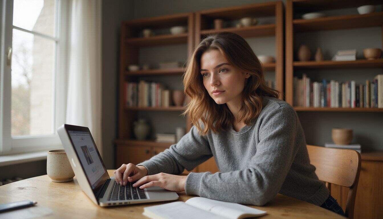 A woman in her 30s works intently at a wooden desk on website design in a cozy home office. A woman in her 30s works intently at a wooden desk on website design in a cozy home office.