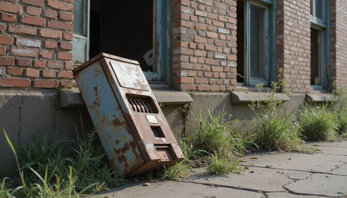 An abandoned brick building with overgrown weeds and a rusted slot machine evokes a strong sense of decay and loss. An abandoned brick building with overgrown weeds and a rusted slot machine evokes a strong sense of decay and loss.